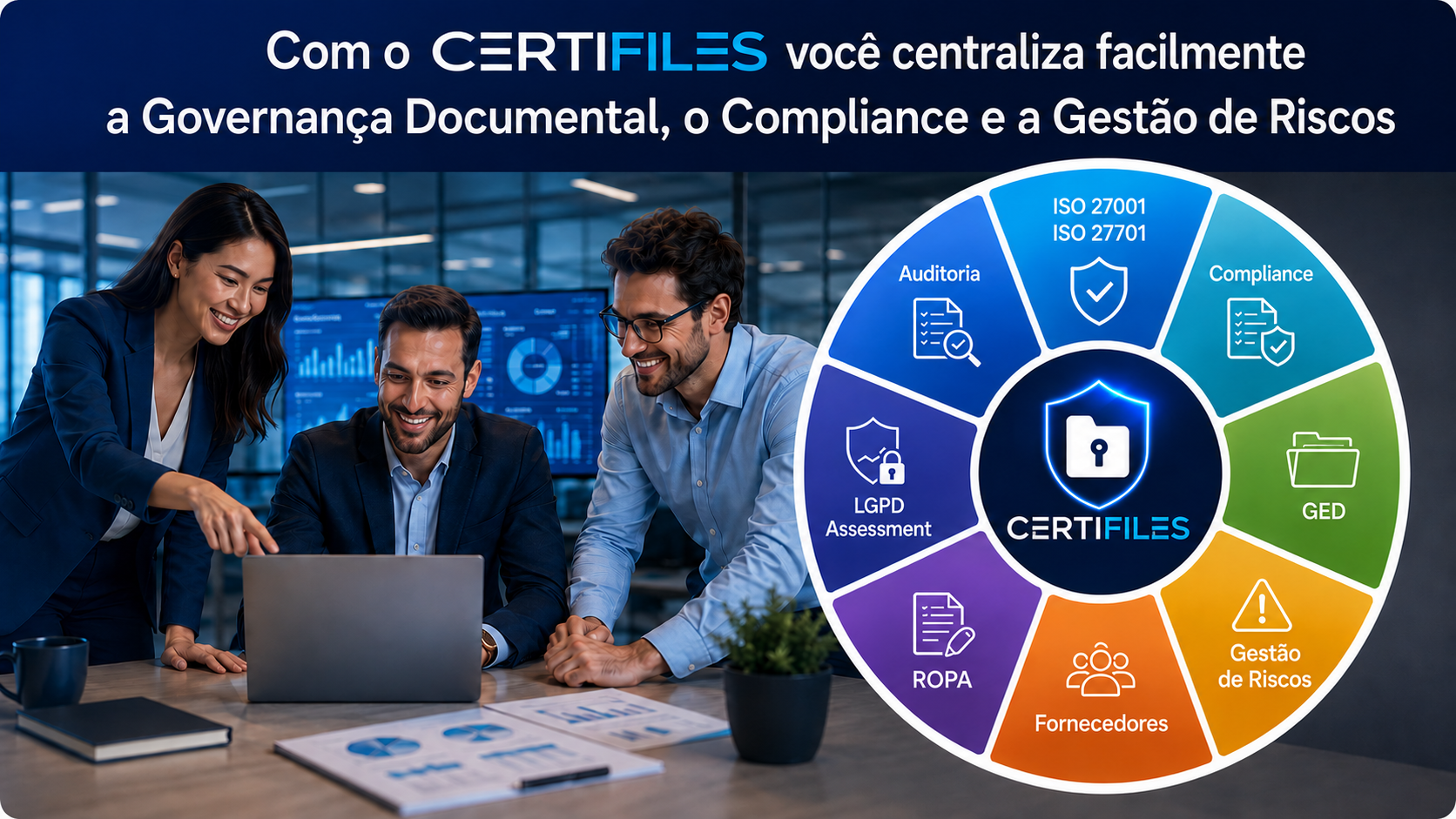 Visão integrada das soluções CertiFiles para governança documental, compliance e gestão de riscos